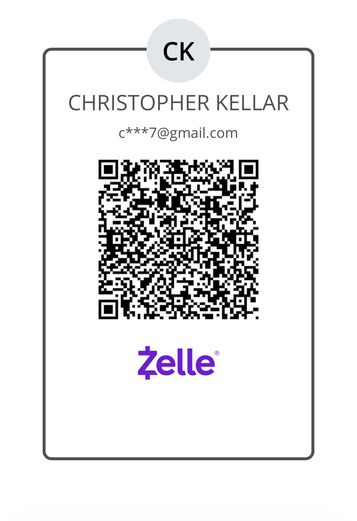 Zelle QR code for Christopher Kellar